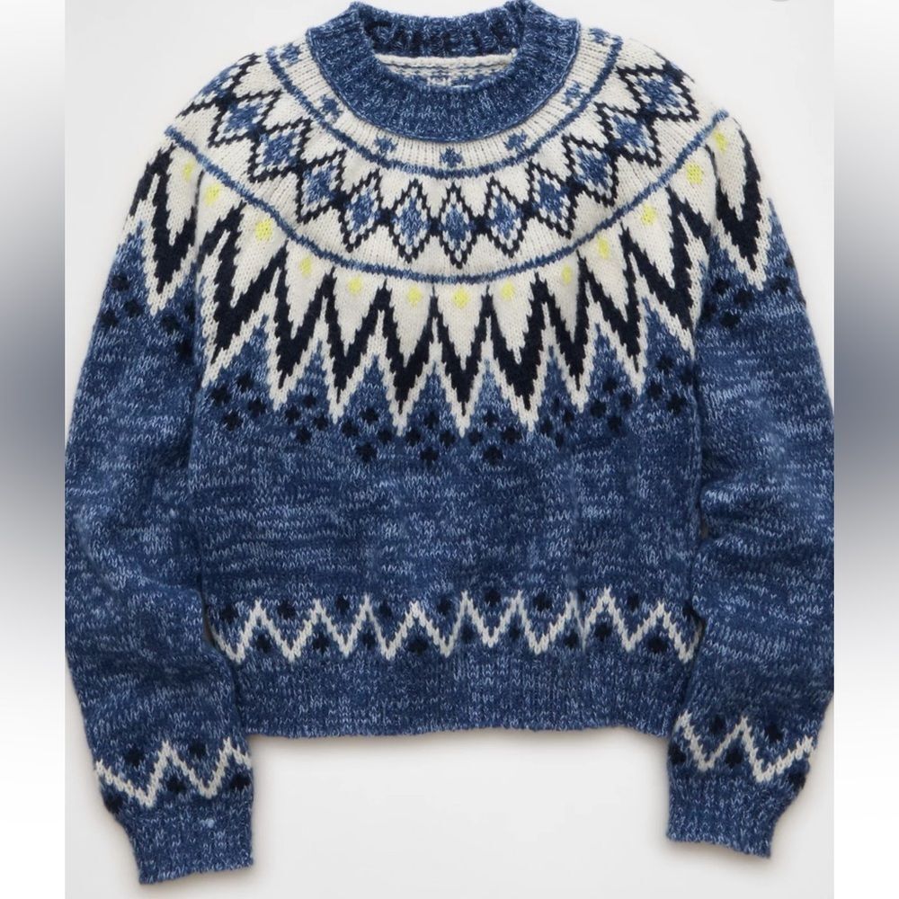 AE XL Blue White Multi Fair Isle Snow Stopper Knit Sweater - Picture 5 of 16